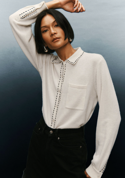 White & Warren Cashmere Embroidered Trim Button Down Shirt