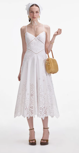 Self Portrait White Cotton Embridered Midi Dress