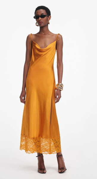 Self Portrait Burnt Orange Satin Midi Dress