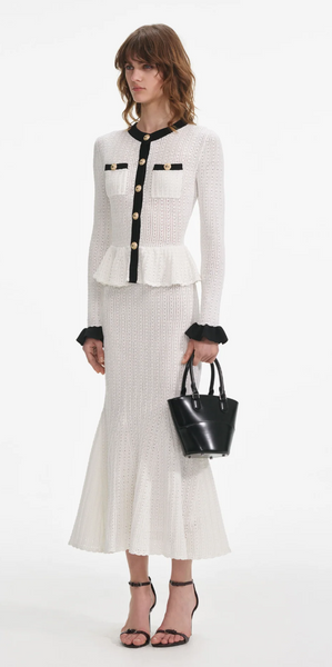 Self Portrait White Pointelle Knit Contrast Midi Dress