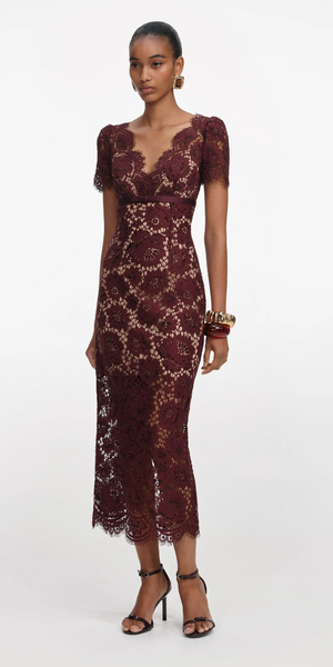 Self Portrait Burgundy Floral Lace Midi Dress