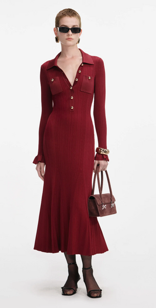 Self Portrait Burgundy Ribbed Knit Midi Dress