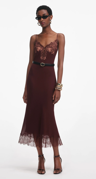 Self Portrait Brown Lace Insert Midi Dress