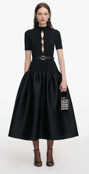 Self Portrait Black Knit Taffeta Midi Dress