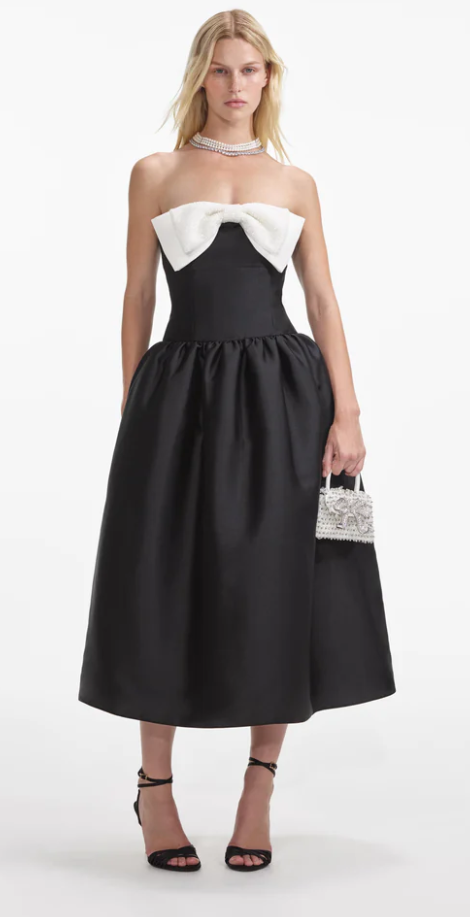 Self Portrait Black Taffeta Contrast Bow Midi Dress