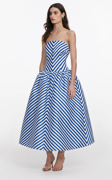 Self Portrait Navy Stripe Taffeta Midi Dress