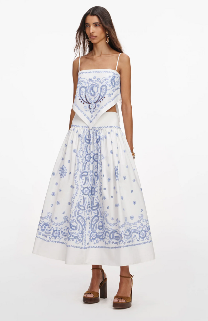 Self Portrait White and Blue Embroidered Midi Skirt