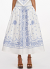 Self Portrait White and Blue Embroidered Midi Skirt