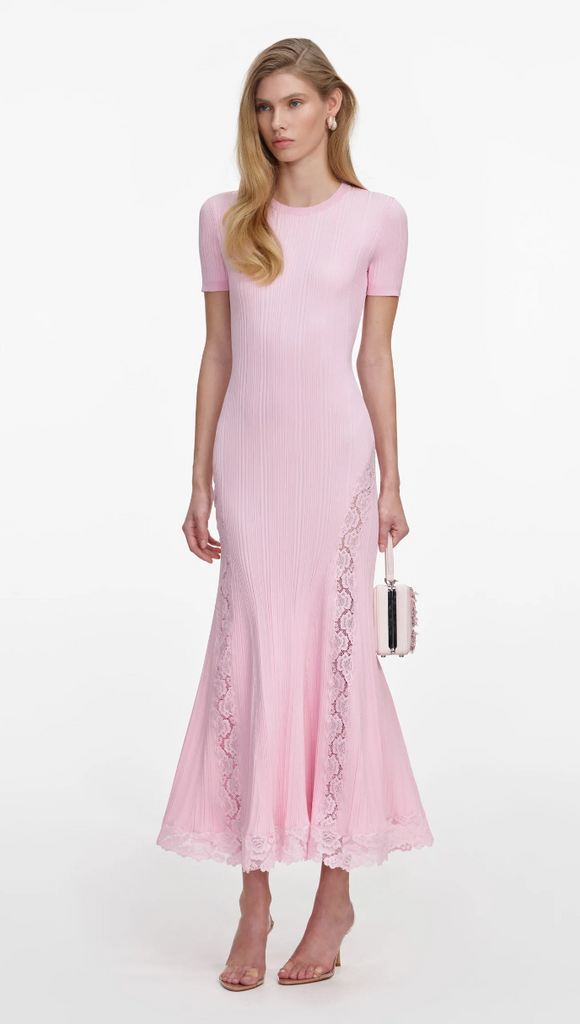 Self Portrait Pink Knit Lace Insert Midi Dress