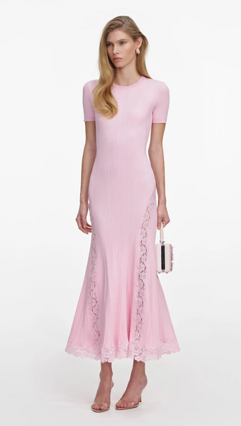 Self Portrait Pink Knit Lace Insert Midi Dress