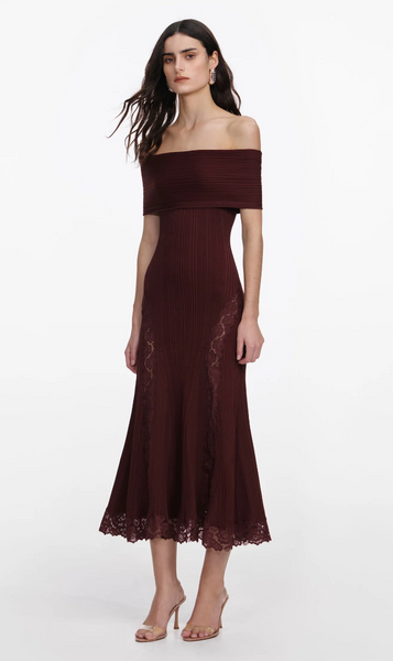 Self Portrait Burgundy Lace Insert Midi Dress